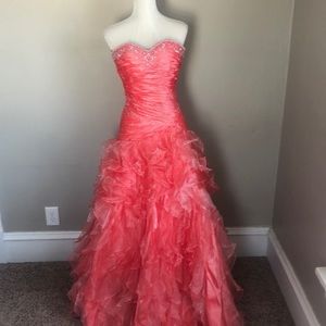 May Queen Coral Strapless Prom Dress
